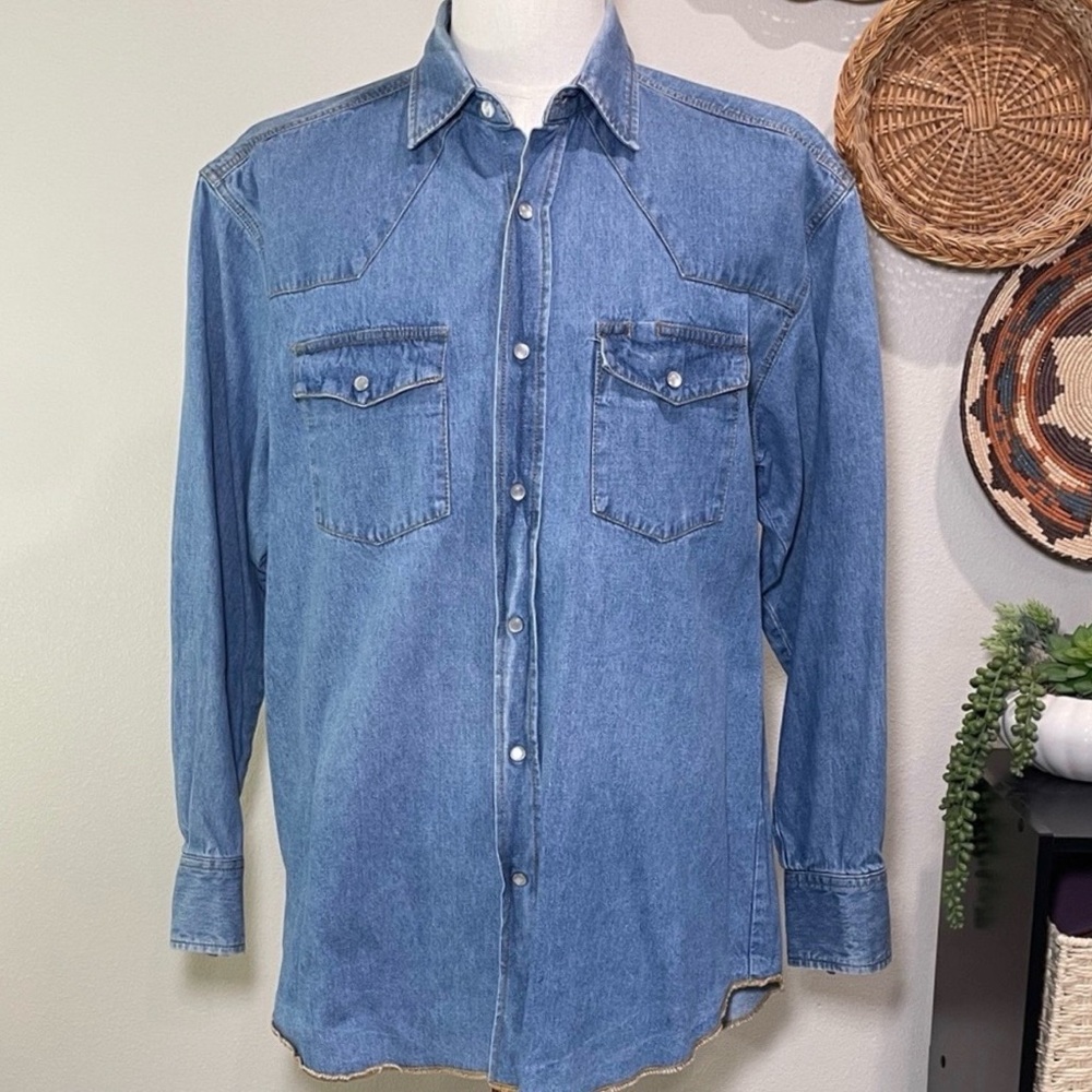 Wyoming Traders Men’s Denim Stonewashed Western Shirt Snap Up Size Large